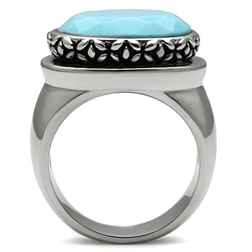 TK525 - High polished (no plating) Stainless Steel Ring with Synthetic Synthetic Glass in Sea Blue-2
