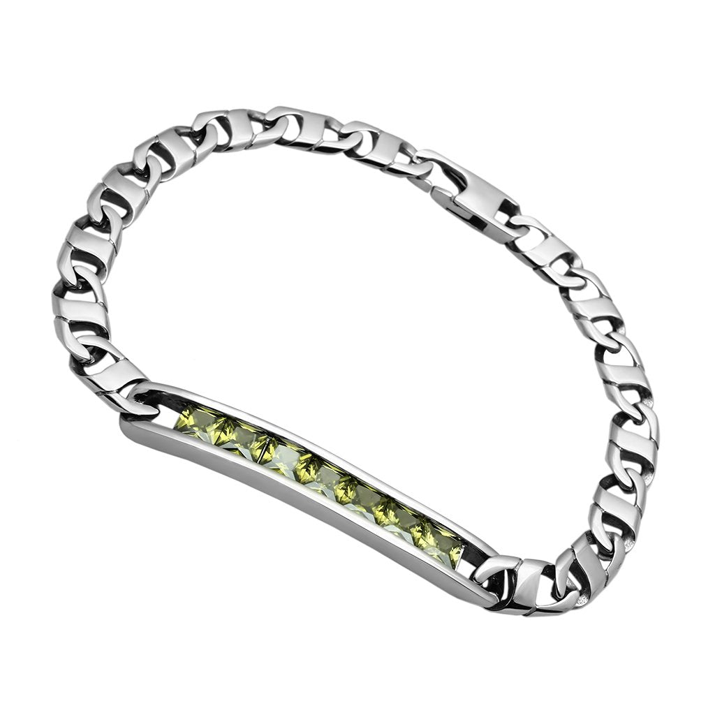 TK570 - High polished (no plating) Stainless Steel Bracelet with AAA Grade CZ  in Olivine color-0