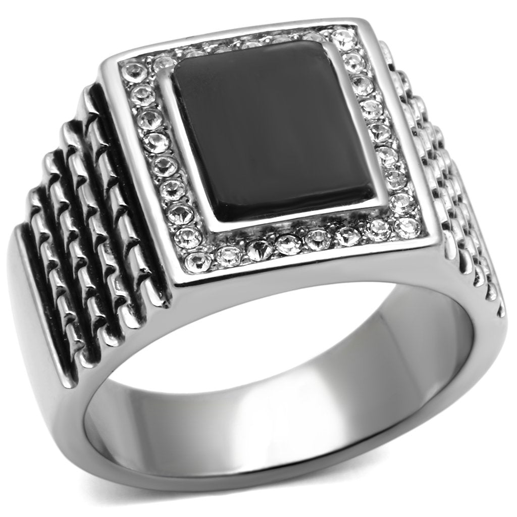 TK592 - High polished (no plating) Stainless Steel Ring with Synthetic Synthetic Stone in Jet-0