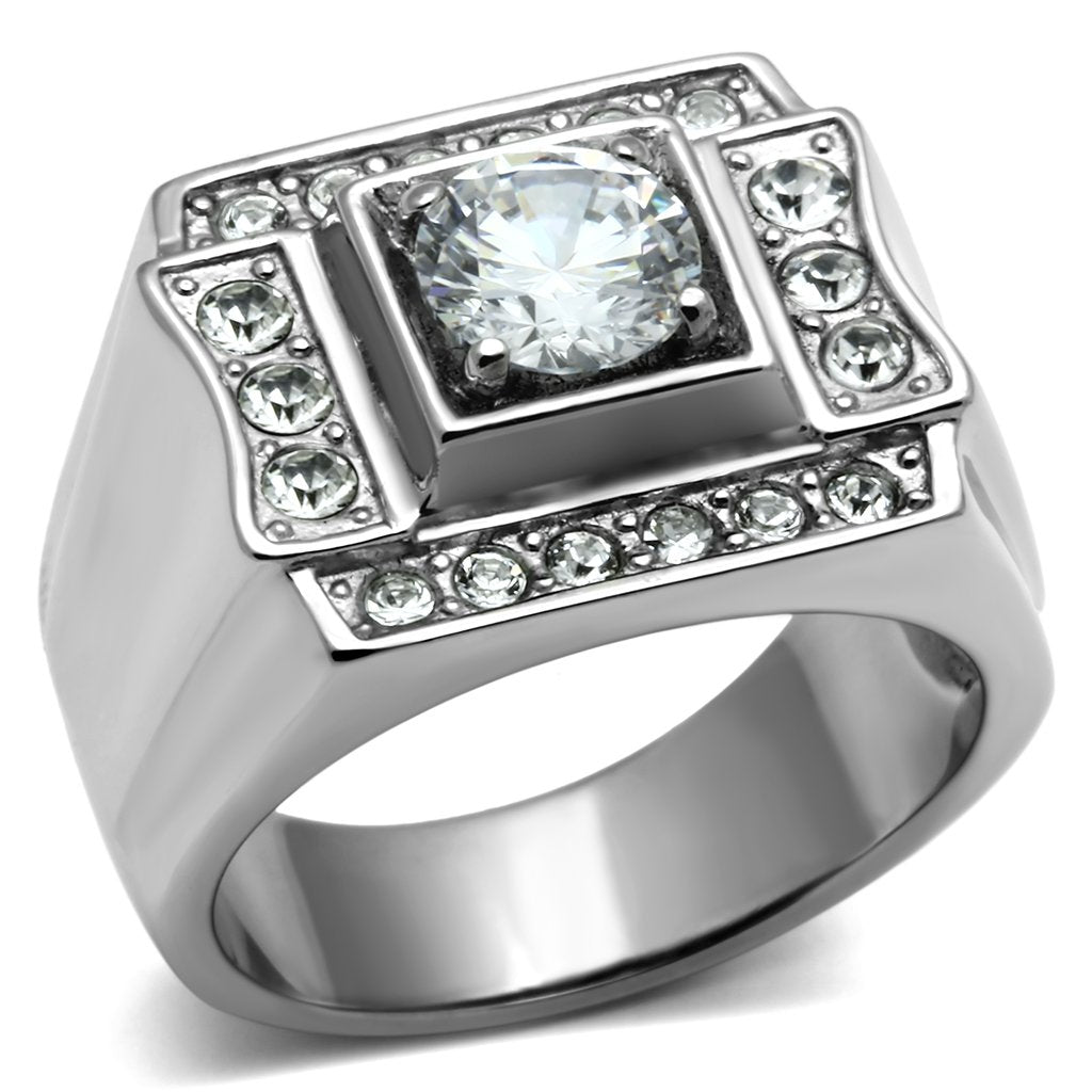 TK593 - High polished (no plating) Stainless Steel Ring with AAA Grade CZ  in Clear-0