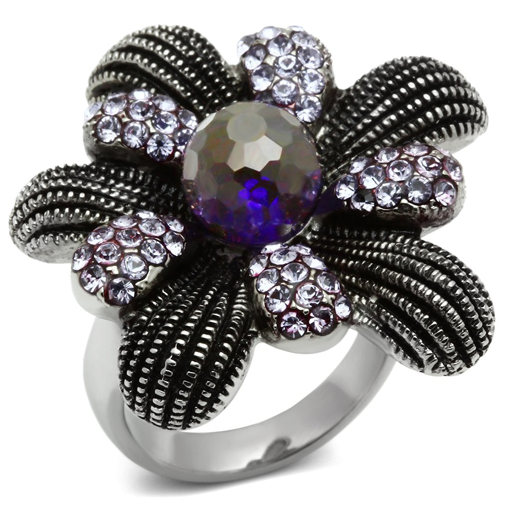 TK607 - High polished (no plating) Stainless Steel Ring with Synthetic Synthetic Glass in Amethyst-0