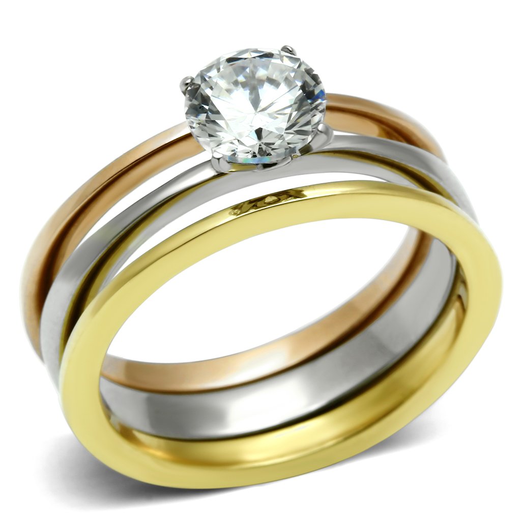 TK620 - Three-Tone IP Stainless Steel Ring with AAA Grade CZ  in Clear-0