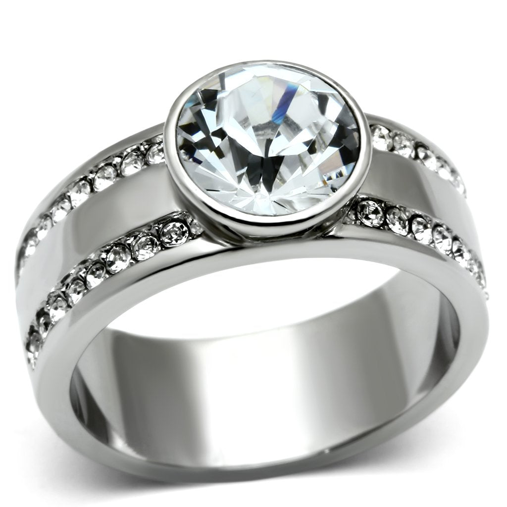 TK646 - High polished (no plating) Stainless Steel Ring with Top Grade Crystal  in Clear-0