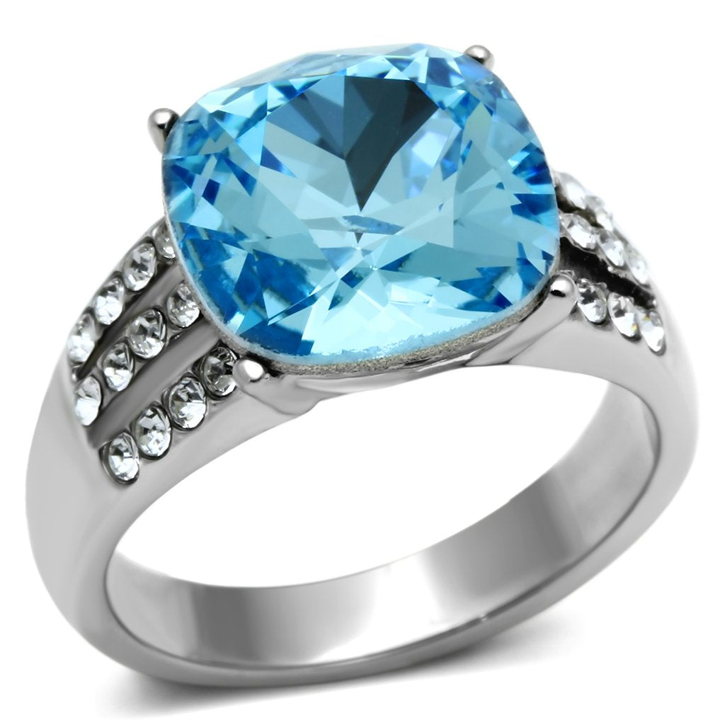 TK647 - High polished (no plating) Stainless Steel Ring with Top Grade Crystal  in Sea Blue-0