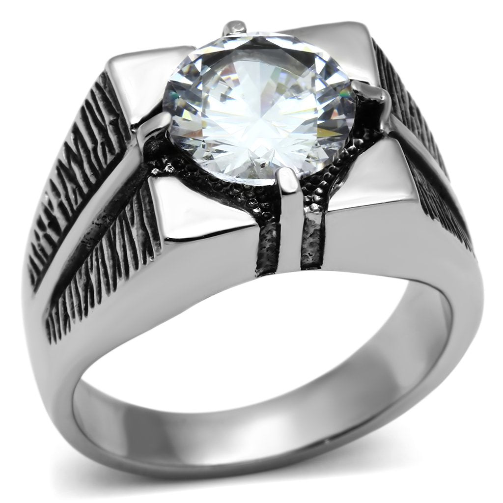 TK701 - High polished (no plating) Stainless Steel Ring with AAA Grade CZ  in Clear-0