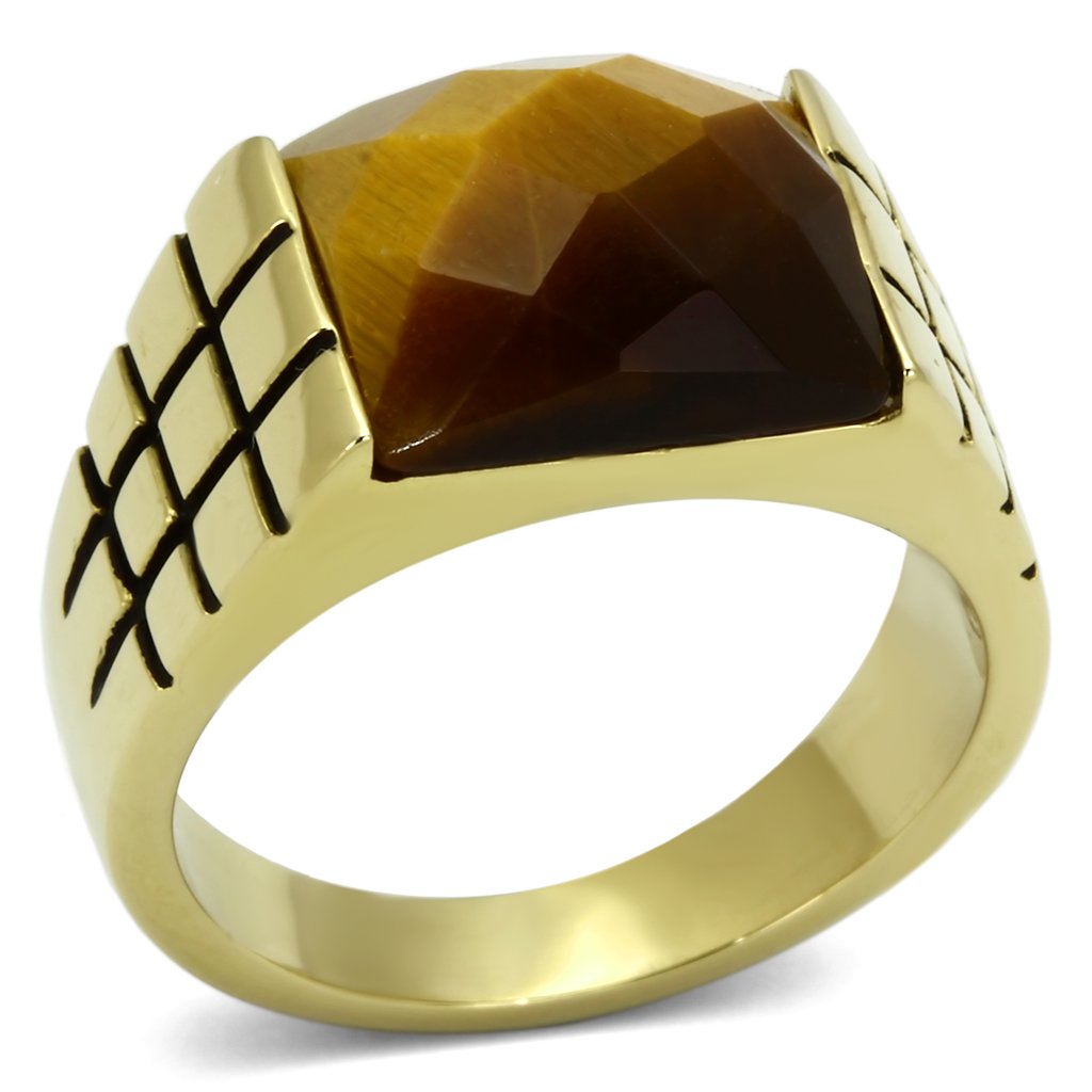TK779 - IP Gold(Ion Plating) Stainless Steel Ring with Semi-Precious Tiger Eye in Topaz-0