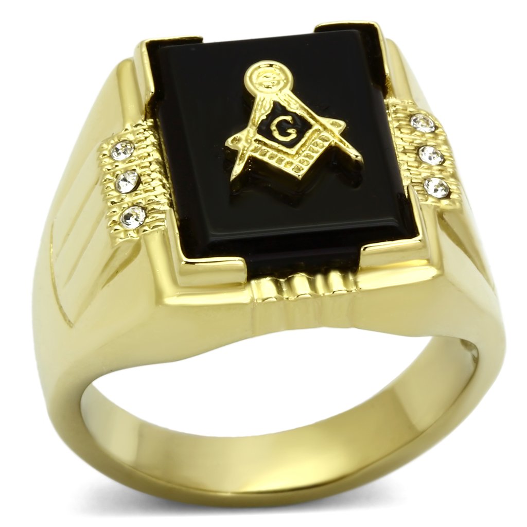 TK795 - IP Gold(Ion Plating) Stainless Steel Ring with Semi-Precious Agate in Jet-0
