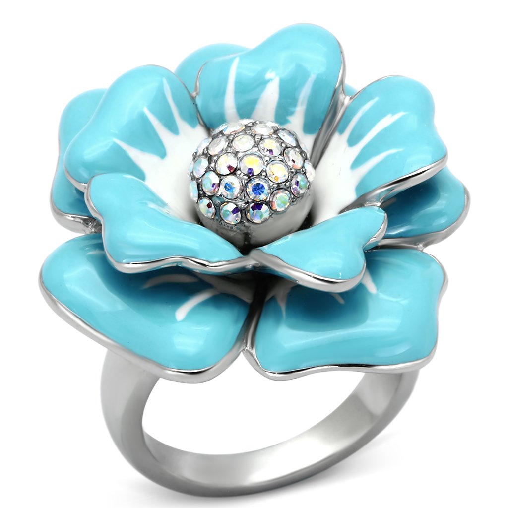 TK817 - High polished (no plating) Stainless Steel Ring with Top Grade Crystal  in Aurora Borealis (Rainbow Effect)-0