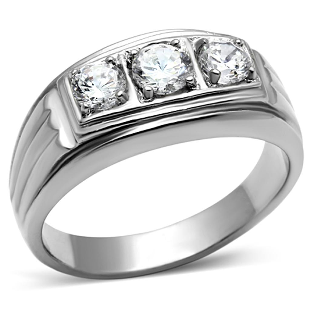 TK946 - High polished (no plating) Stainless Steel Ring with AAA Grade CZ  in Clear-0