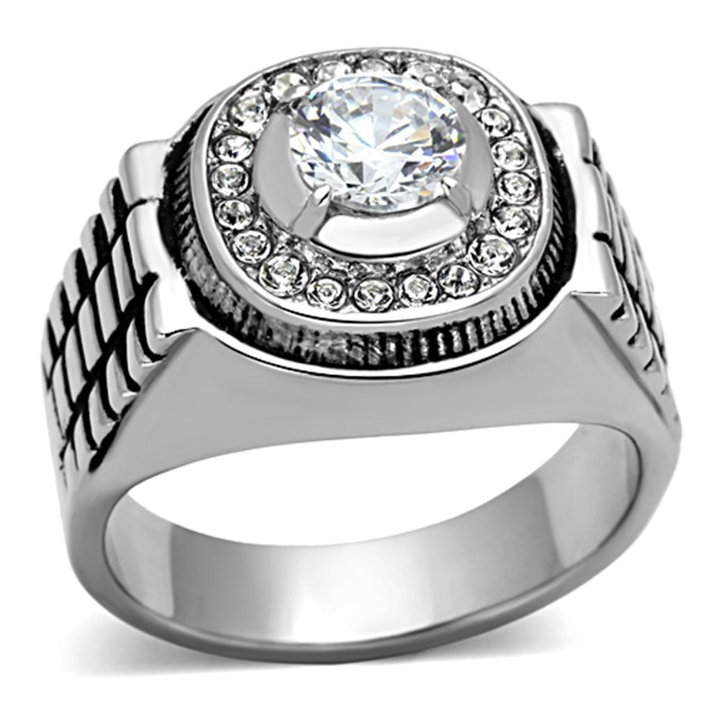 TK948 - High polished (no plating) Stainless Steel Ring with AAA Grade CZ  in Clear-0