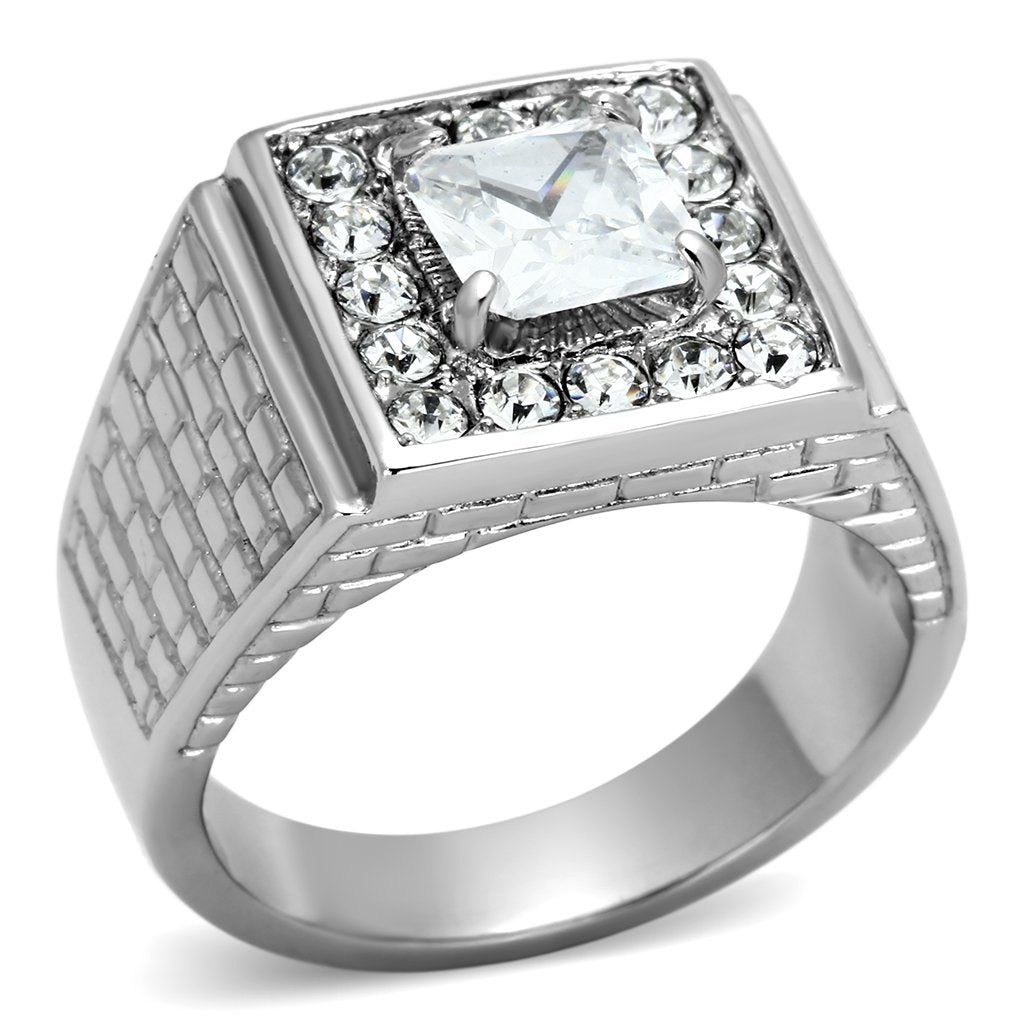 TK955 - High polished (no plating) Stainless Steel Ring with AAA Grade CZ  in Clear-0