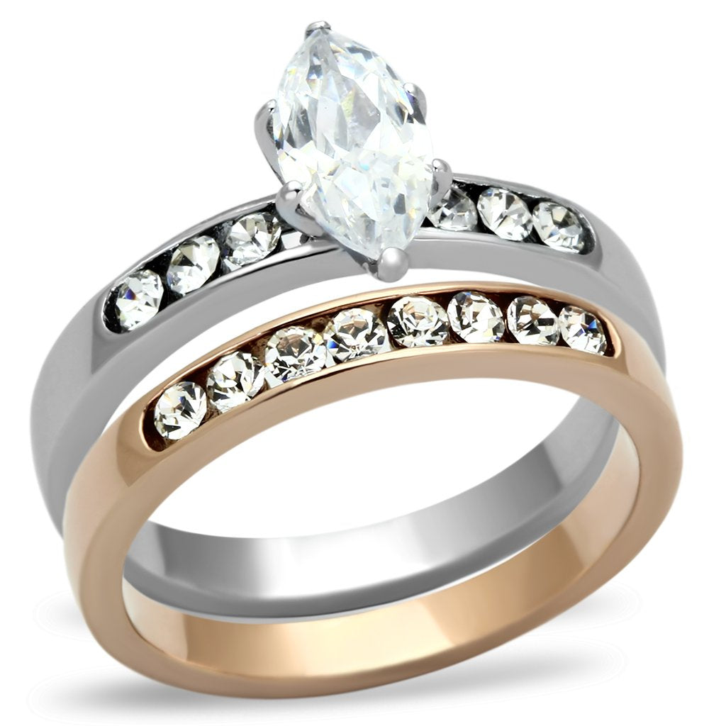 TK965 - Two-Tone IP Rose Gold Stainless Steel Ring with AAA Grade CZ  in Clear-0