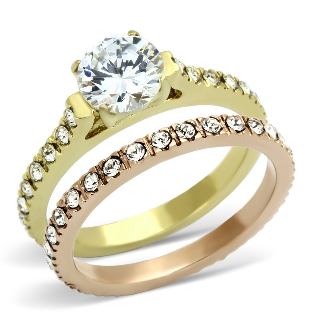 TK968 - IP Gold & IP Rose Gold (Ion Plating) Stainless Steel Ring with AAA Grade CZ  in Clear-0