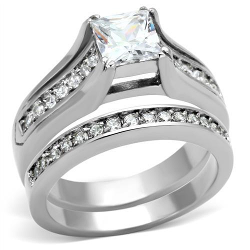 TK969 - High polished (no plating) Stainless Steel Ring with AAA Grade CZ  in Clear-0