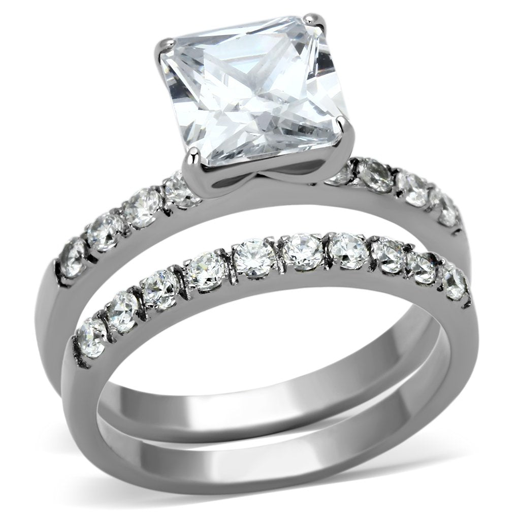 TK975 - High polished (no plating) Stainless Steel Ring with AAA Grade CZ  in Clear-0