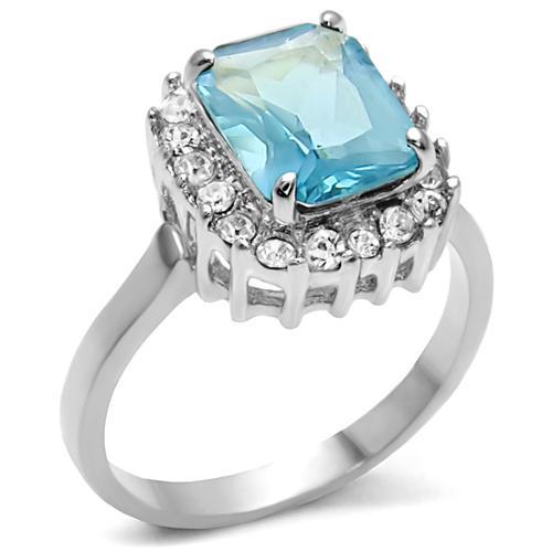 TK9X041 - High polished (no plating) Stainless Steel Ring with Synthetic Synthetic Glass in Sea Blue-0