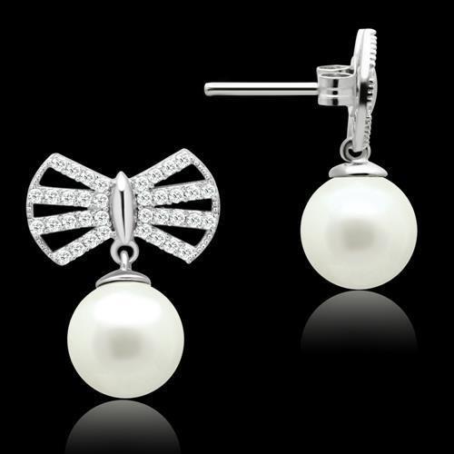 TS063 - Rhodium 925 Sterling Silver Earrings with Synthetic Pearl in White-0