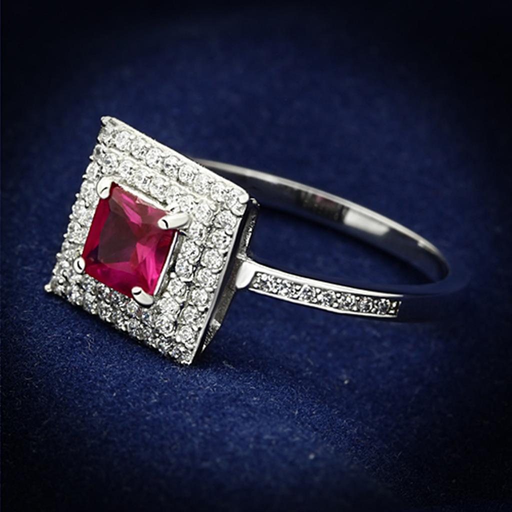 TS102 - Rhodium 925 Sterling Silver Ring with Synthetic Corundum in Ruby-0