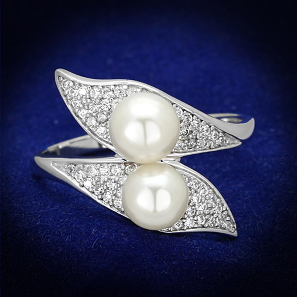 TS124 - Rhodium 925 Sterling Silver Ring with Synthetic Pearl in Citrine Yellow-0