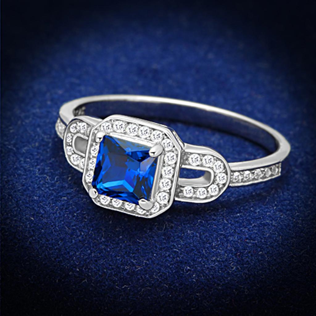TS138 - Rhodium 925 Sterling Silver Ring with Synthetic Spinel in London Blue-0