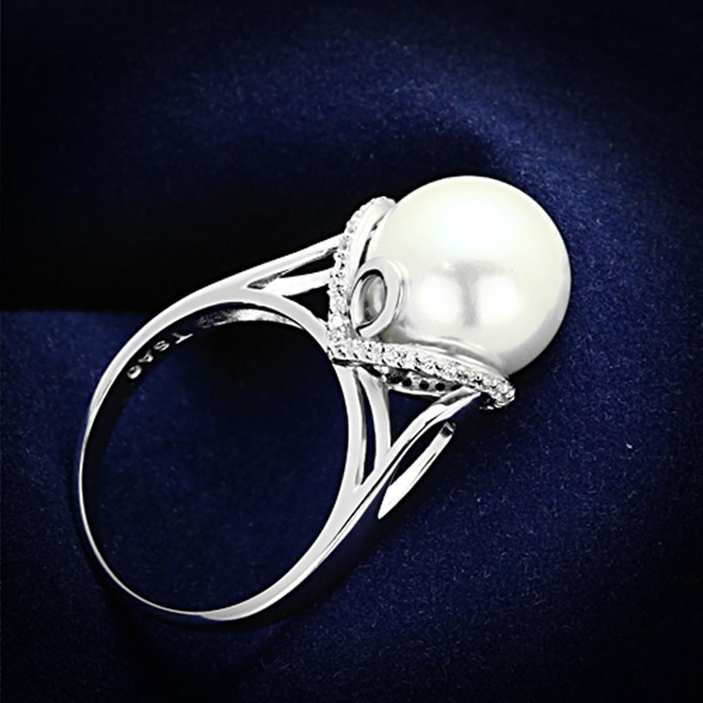 TS154 - Rhodium 925 Sterling Silver Ring with Synthetic Pearl in White-0