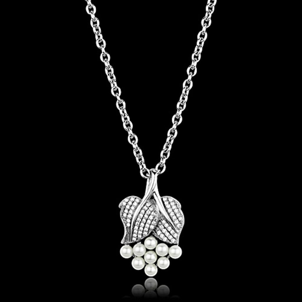 TS165 - Rhodium 925 Sterling Silver Chain Pendant with Synthetic Pearl in White-0