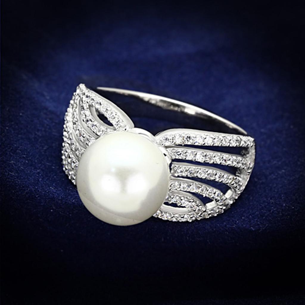 TS169 - Rhodium 925 Sterling Silver Ring with Synthetic Pearl in White-0