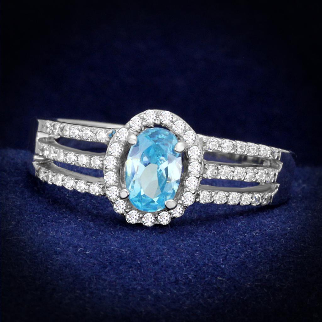 TS184 - Rhodium 925 Sterling Silver Ring with AAA Grade CZ  in Sea Blue-0