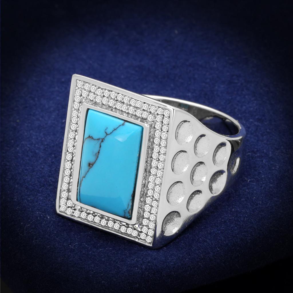 TS228 - Rhodium 925 Sterling Silver Ring with Synthetic Turquoise in Sea Blue-0