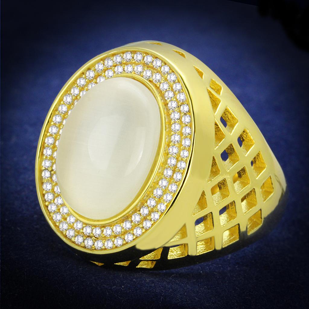 TS244 - Gold 925 Sterling Silver Ring with Synthetic Cat Eye in White-0