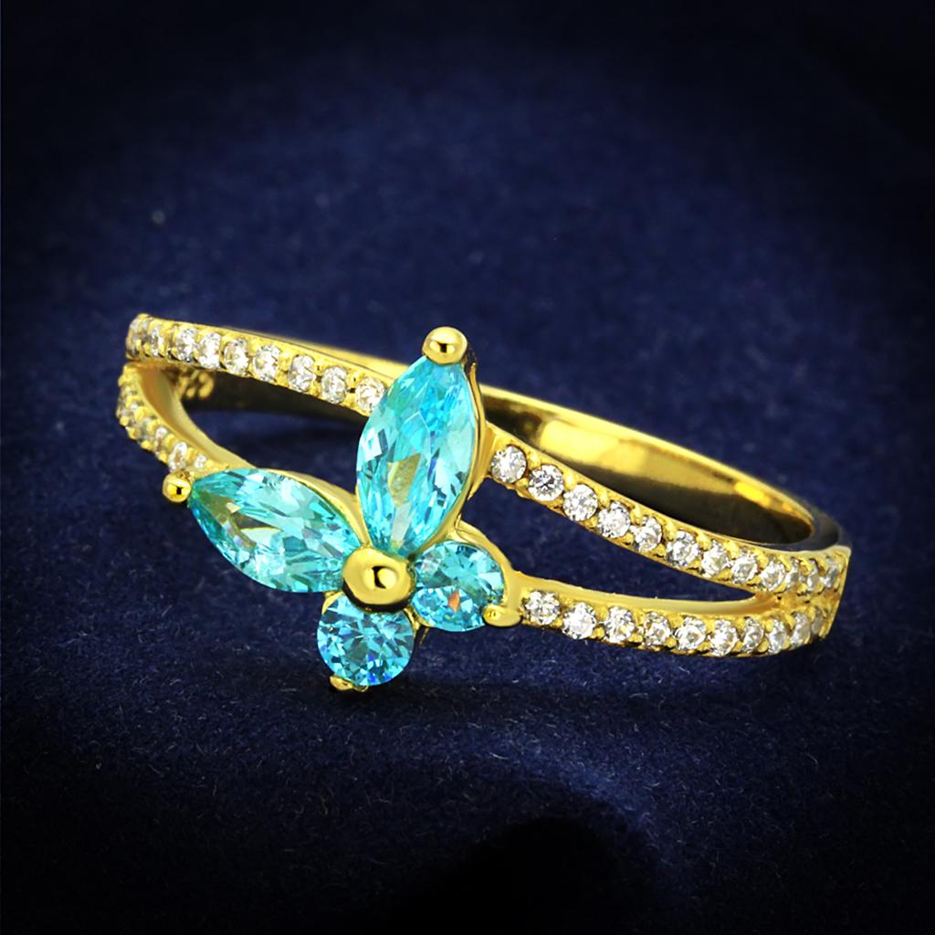 TS249 - Gold 925 Sterling Silver Ring with AAA Grade CZ  in Sea Blue-0