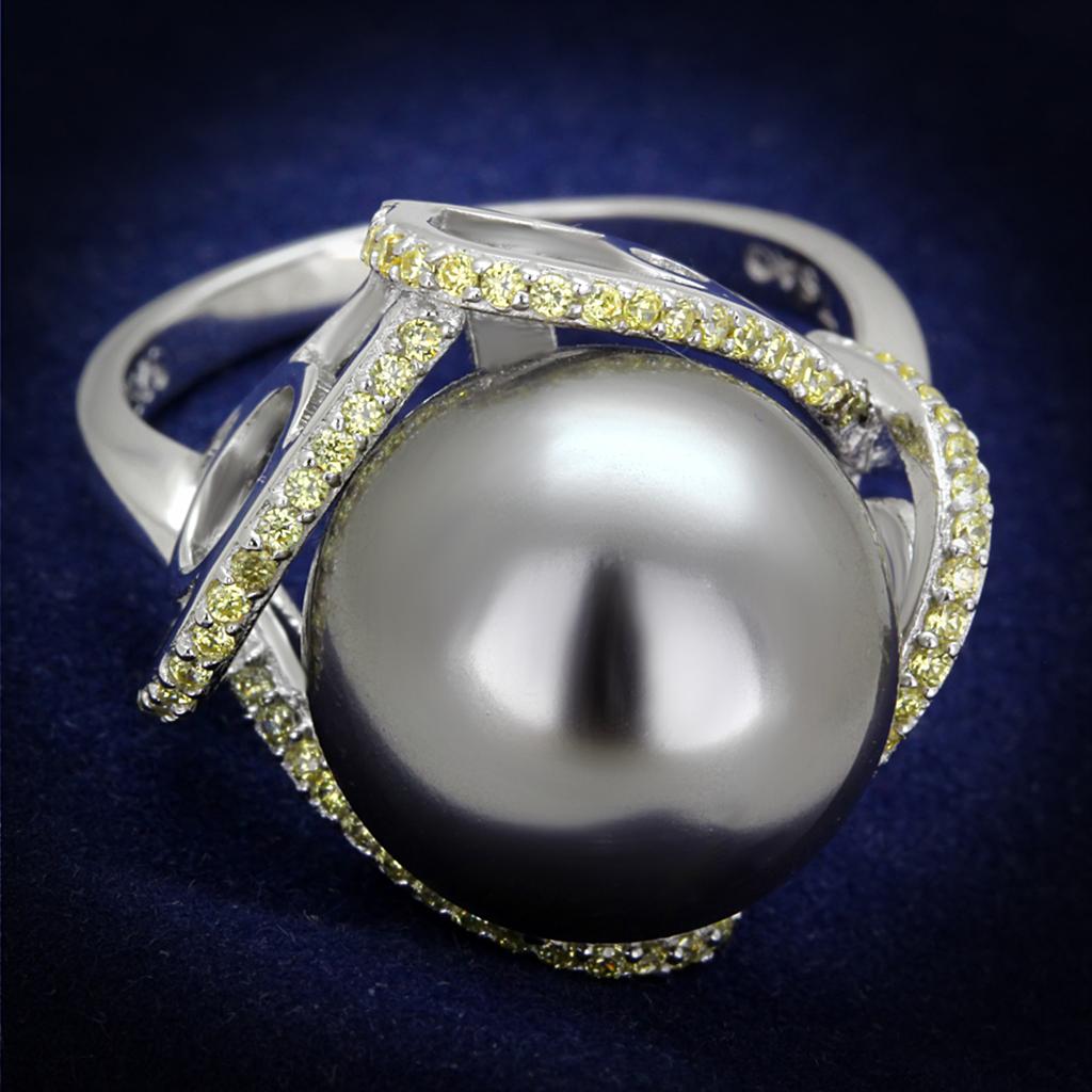 TS318 - Rhodium 925 Sterling Silver Ring with Synthetic Pearl in Gray-0