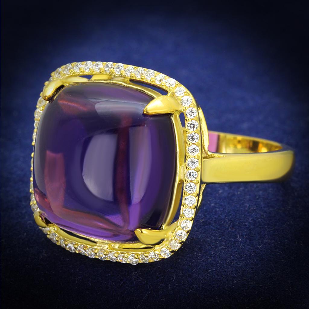 TS392 - Gold 925 Sterling Silver Ring with Synthetic Synthetic Glass in Amethyst-0
