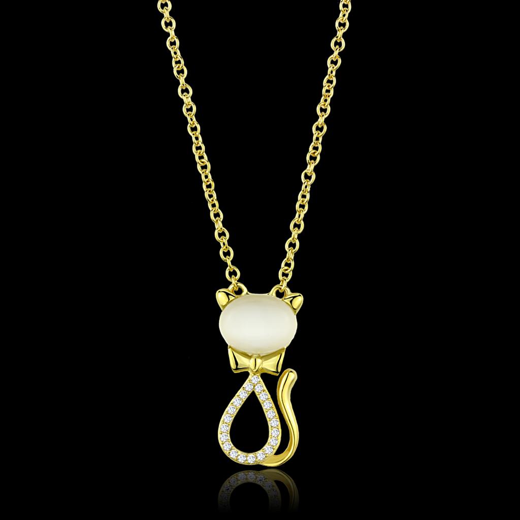 TS409 - Gold 925 Sterling Silver Chain Pendant with Synthetic Cat Eye in White-0