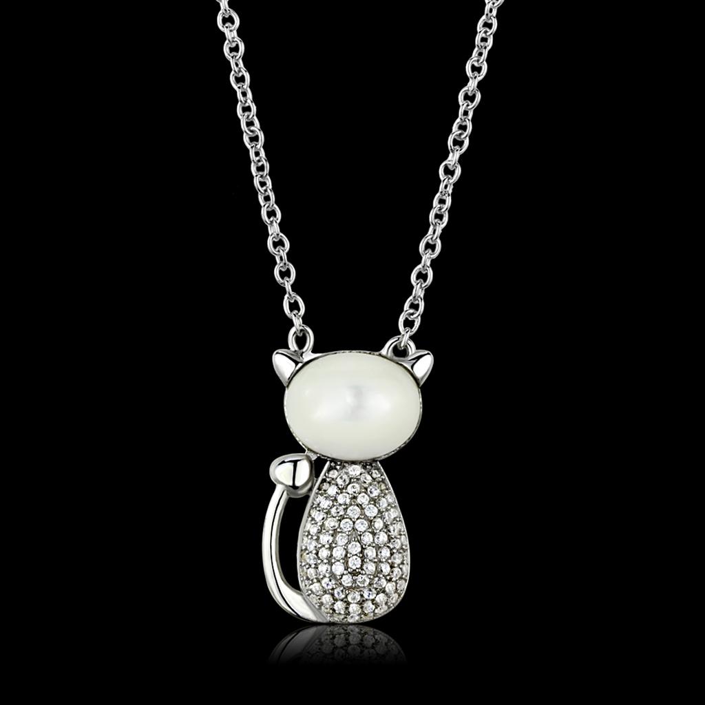 TS410 - Rhodium 925 Sterling Silver Chain Pendant with Synthetic Synthetic Glass in Clear-0