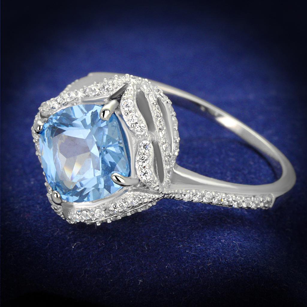 TS419 - Rhodium 925 Sterling Silver Ring with Synthetic Spinel in Sea Blue-0