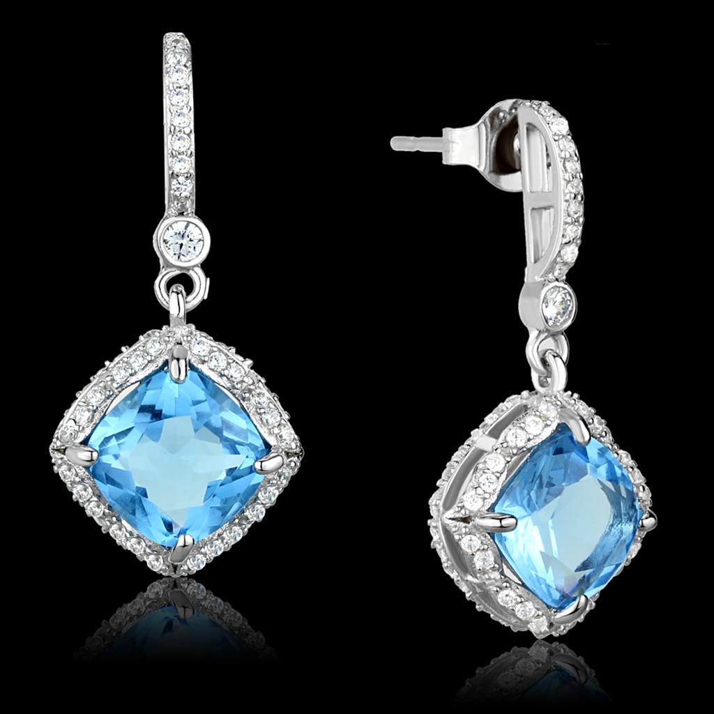 TS438 - Rhodium 925 Sterling Silver Earrings with Synthetic Synthetic Glass in Sea Blue-0