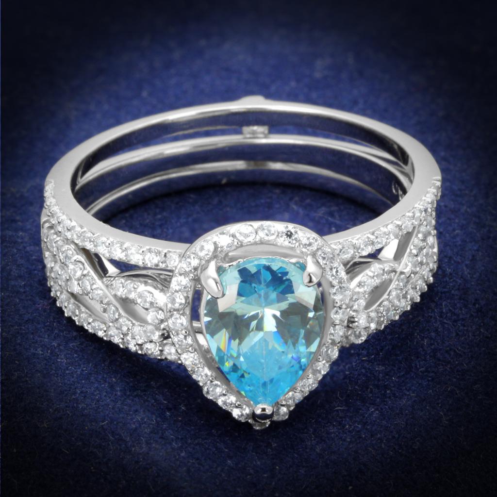 TS453 - Rhodium 925 Sterling Silver Ring with AAA Grade CZ  in Sea Blue-0