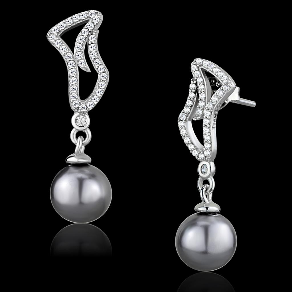 TS479 - Rhodium 925 Sterling Silver Earrings with Synthetic Pearl in Gray-0