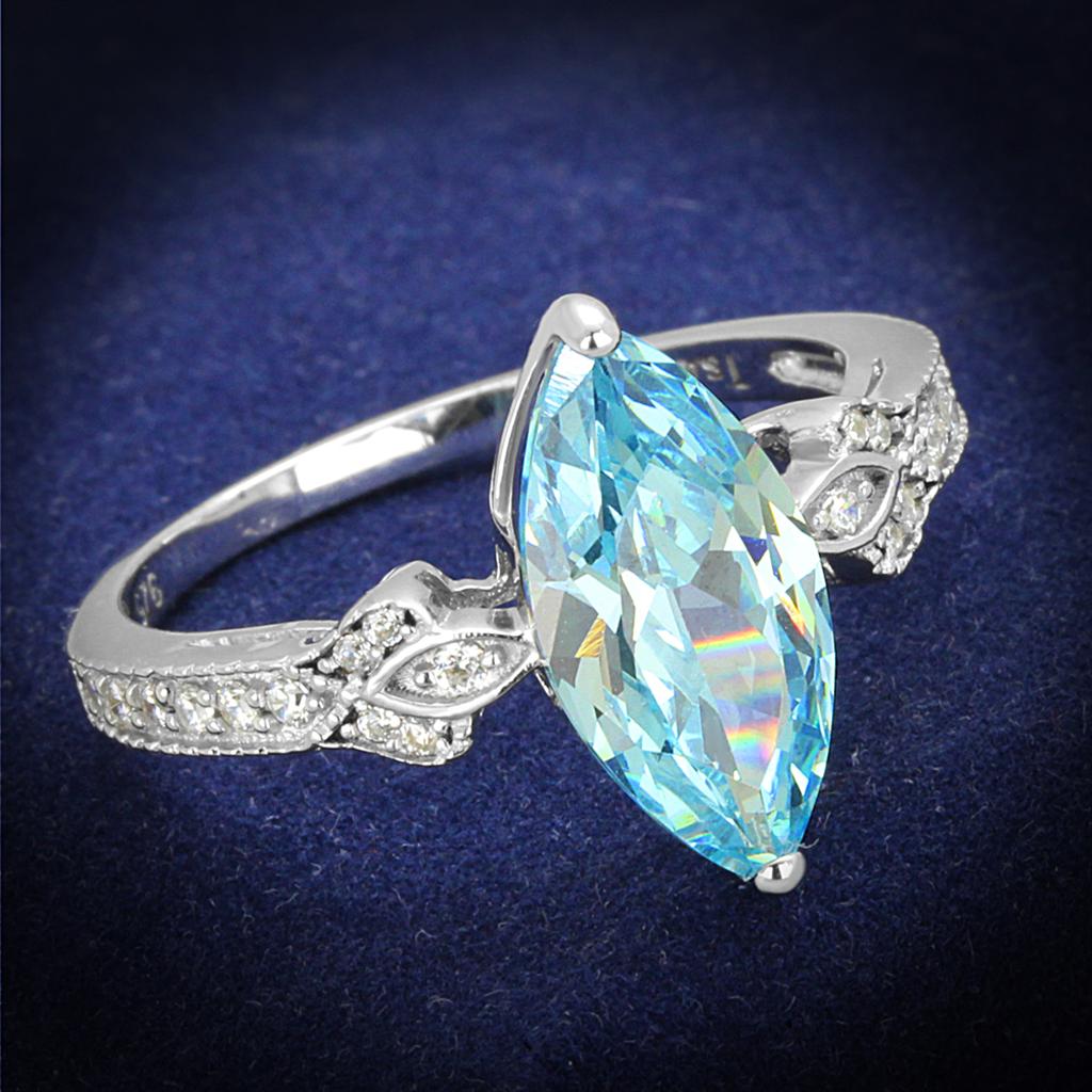 TS502 - Rhodium 925 Sterling Silver Ring with AAA Grade CZ  in Sea Blue-0