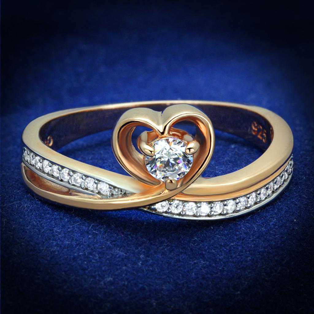 TS544 - Rose Gold + Rhodium 925 Sterling Silver Ring with AAA Grade CZ  in Clear-0