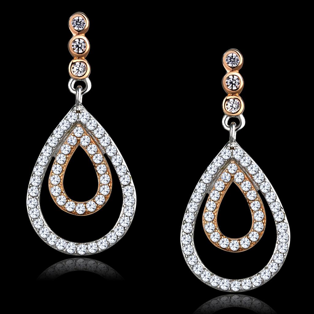 TS548 - Rose Gold + Rhodium 925 Sterling Silver Earrings with AAA Grade CZ  in Clear-0