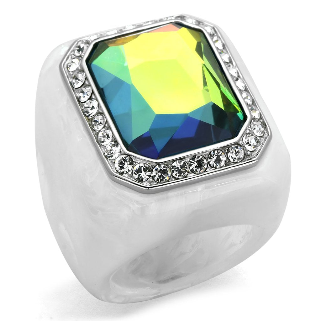 VL111 - High polished (no plating) Stainless Steel Ring with Synthetic Synthetic Stone in Aquamarine AB-0