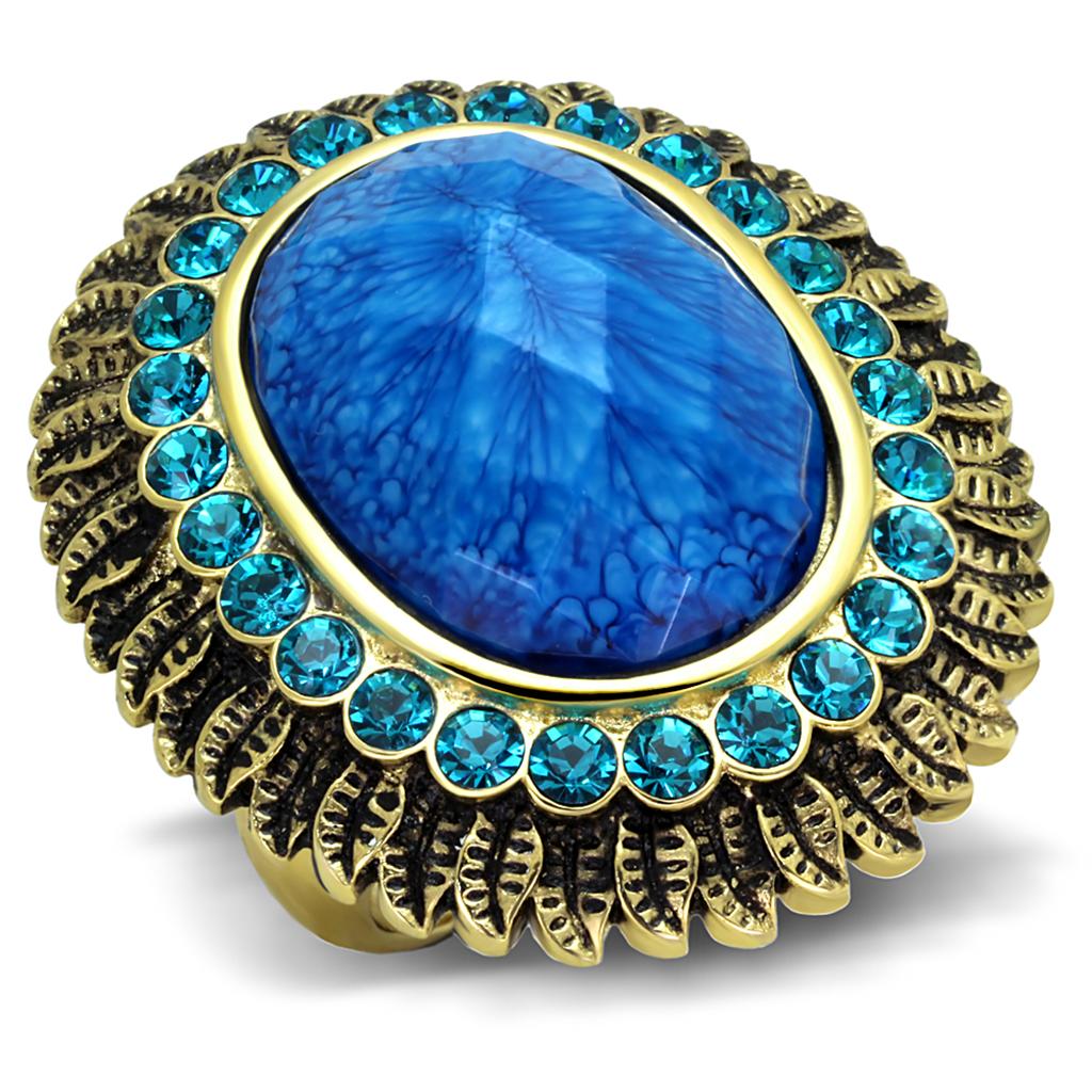 VL121 - IP Gold(Ion Plating) Stainless Steel Ring with Synthetic Synthetic Stone in Sea Blue-0